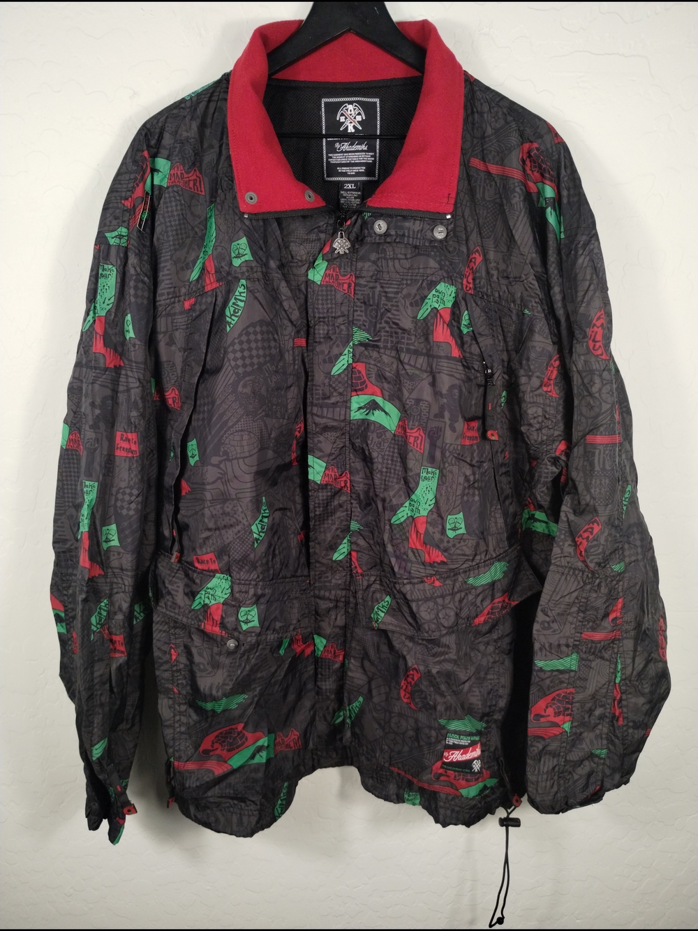 Akademiks Black Windbreaker with Red Collar & Green Graphic Accents